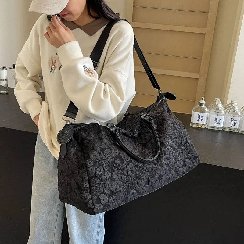 Black Floral Pattern Duffle Bag Casual Style